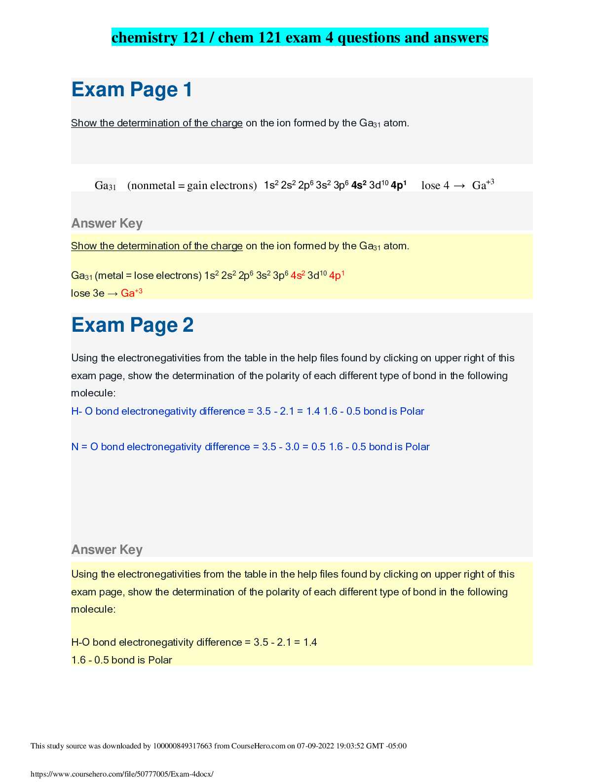 chemistry 121 chem 121 exam 4 questions and answers - Browsegrades